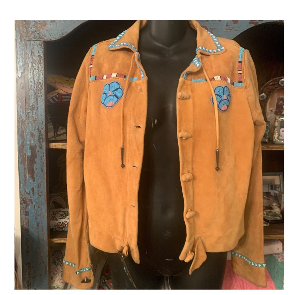 40's-50's BEADED DEERSKIN LEATHER JACKET W/ SILVER & TURQUOISE ATTACHMENTS
